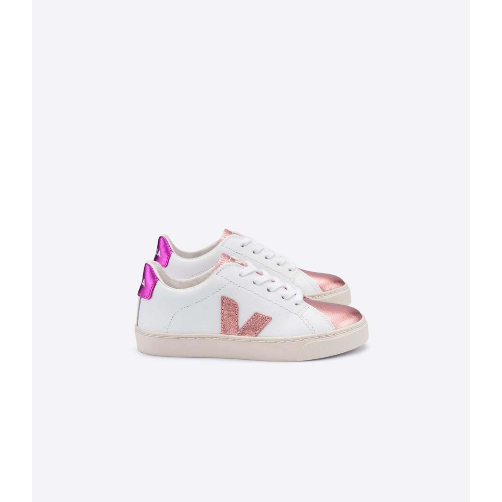 Kids\' Veja ESPLAR LEATHER Sneakers White/Pink/Purple | ZA 809PJJ